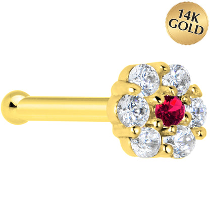 Solid 14K Yellow Gold Clear Red CZ Flower Nose Bone