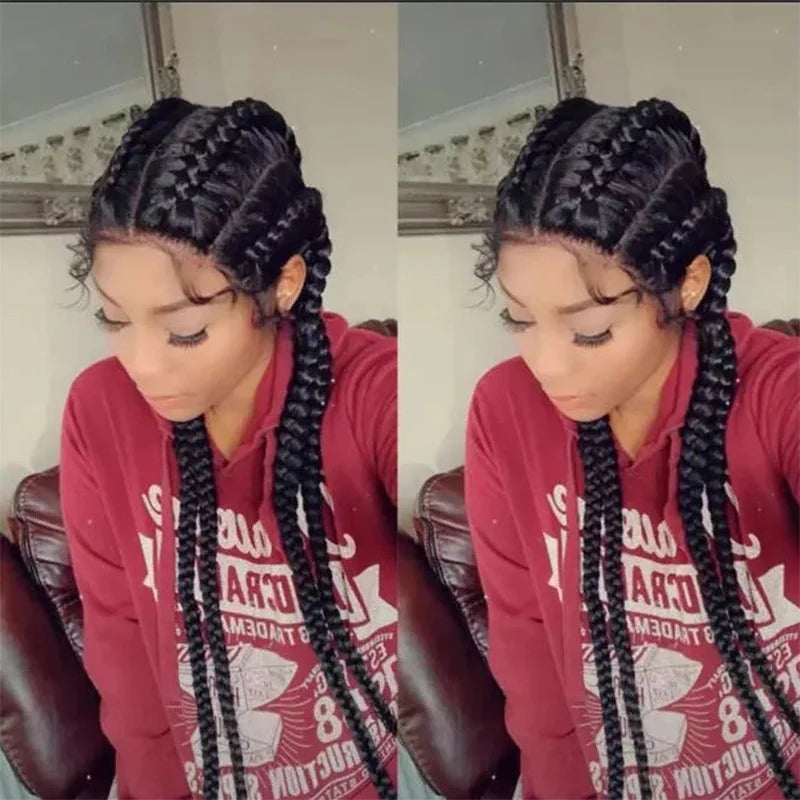 Long Black Dutch Braids Wig | Lace Front | Human Hair Blend | Cornrow Accents | Daily Wig