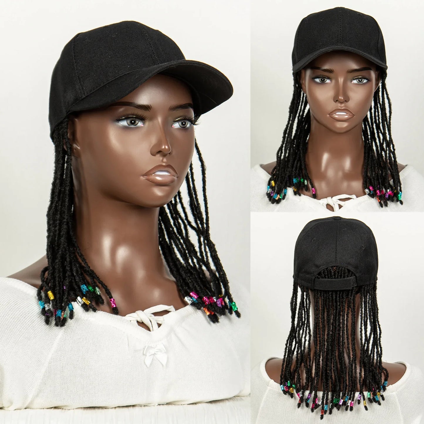 Short Knotless Box Braids Hat Wig with Colored Beads | Adjustable Cap