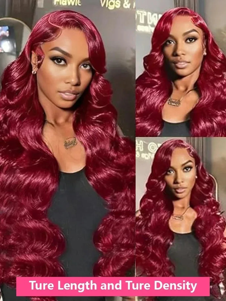 Burgundy 99J Red Body Wave Lace Front Wig | 30 Inch 200% Density Brazilian Remy HD Transparent Lace Frontal for Women