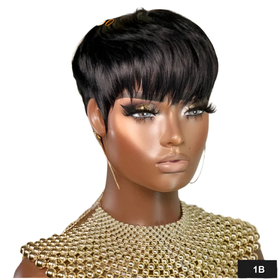 Burgundy Red & Brown Pixie Short Cut Bob Wig with Bangs | Straight Human Hair Machine Made