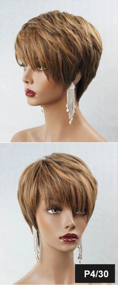 Burgundy Red & Brown Pixie Short Cut Bob Wig with Bangs | Straight Human Hair Machine Made