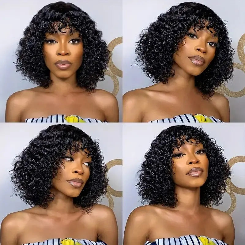 Rebecca 180% Density Highlight Kinky Curly Bob Wig with Bangs | Short Human Hair Full Machine Made