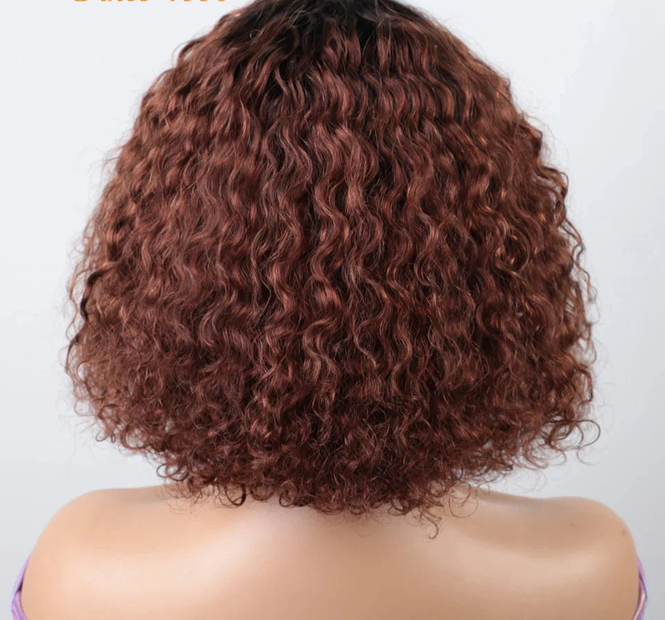 Jerry Curly Short Bob Human Hair Wig with Bangs | Glueless Highlight Honey Water Wave Blonde Wig for Women (Ready-to-Go)