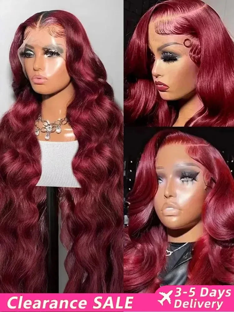 Burgundy 99J Red Body Wave Lace Front Wig | 30 Inch 200% Density Brazilian Remy HD Transparent Lace Frontal for Women