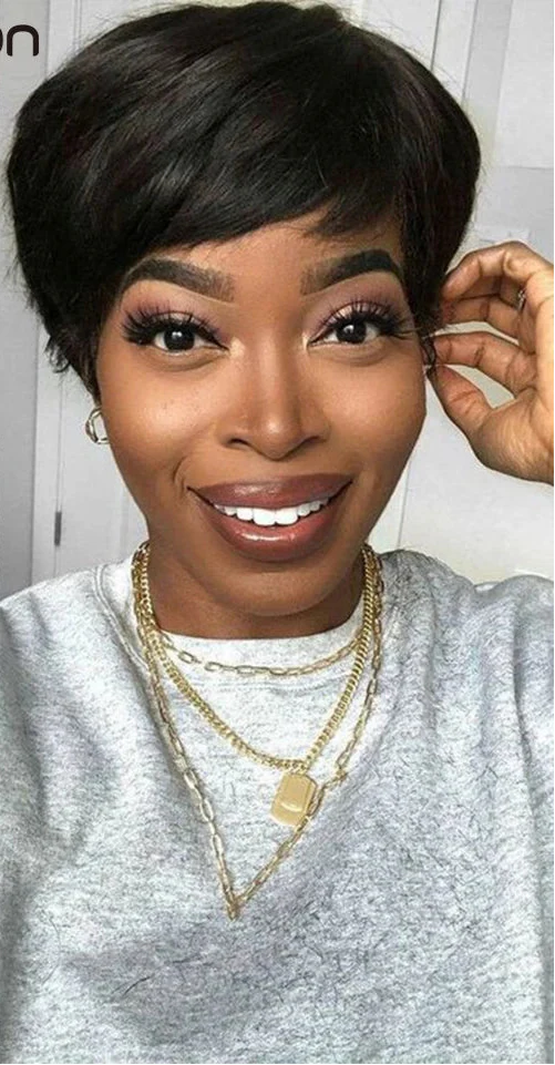 Burgundy Red & Brown Pixie Short Cut Bob Wig with Bangs | Straight Human Hair Machine Made