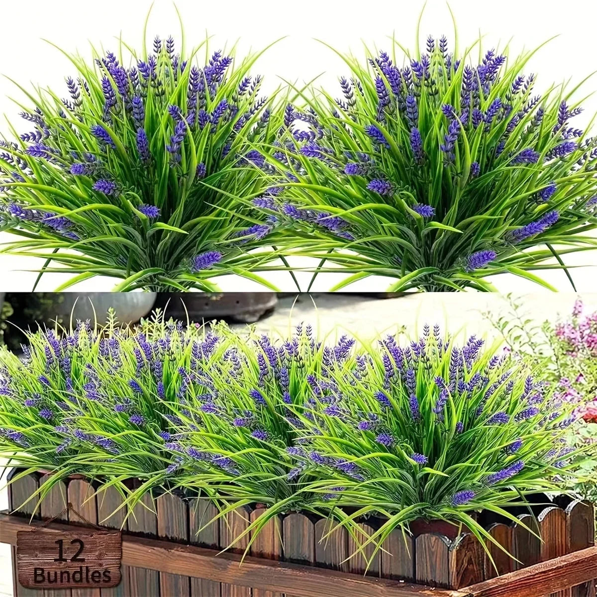 12 Bundles Artificial Lavender Plants Outdoor with Monkey Grass - UV Resistant Plastic Greenery Shrubs for Home Garden Decor
