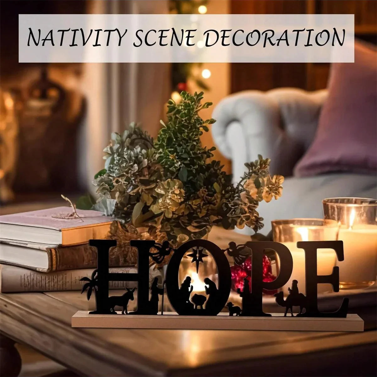 1pc Metal Ornaments for Christmas Decorations Black Metal Nativity Scene with Wooden Base for Home Office Shelf Table Decor