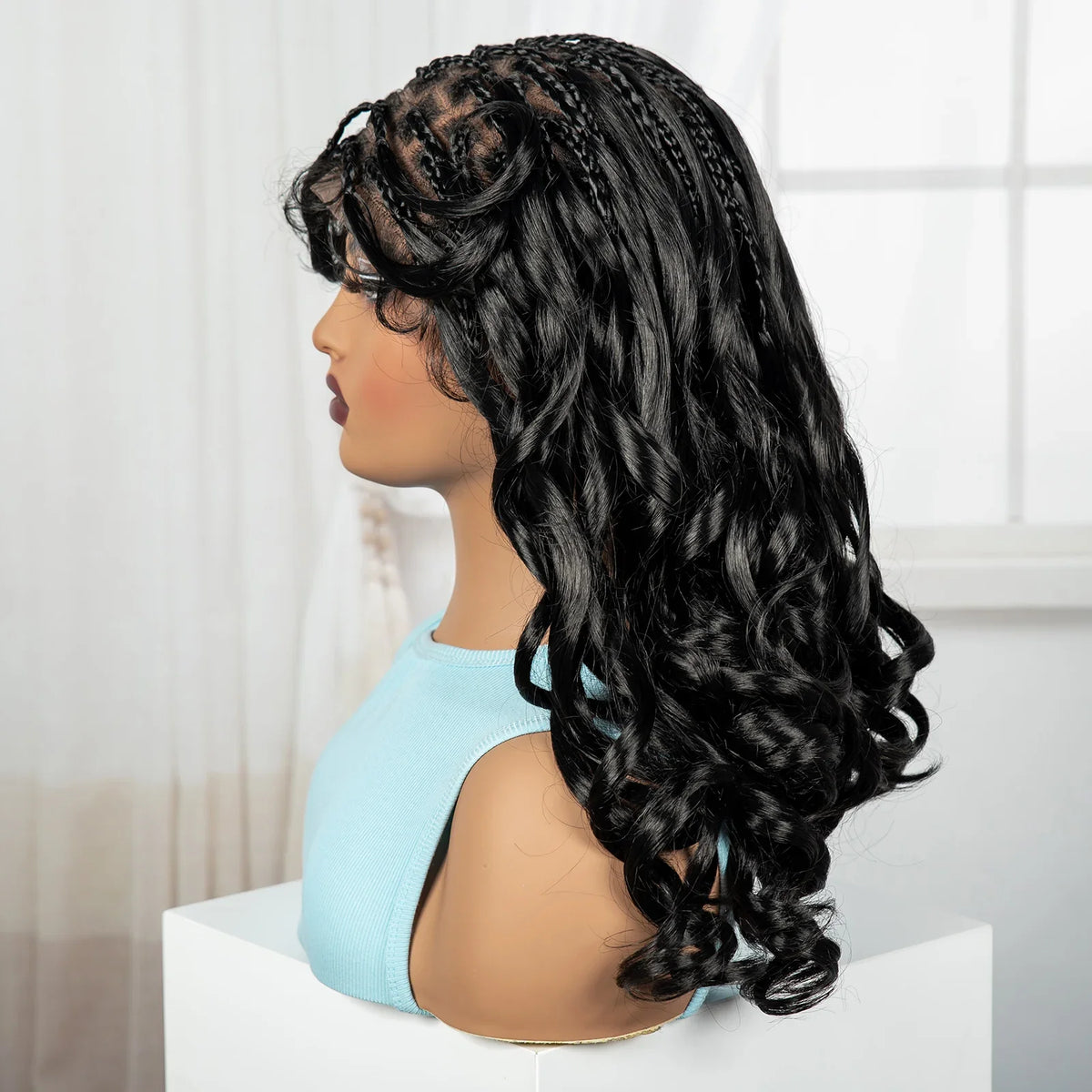 18" Bouncy Wavy Knotless Box Braids Wig with Bangs | Full Lace