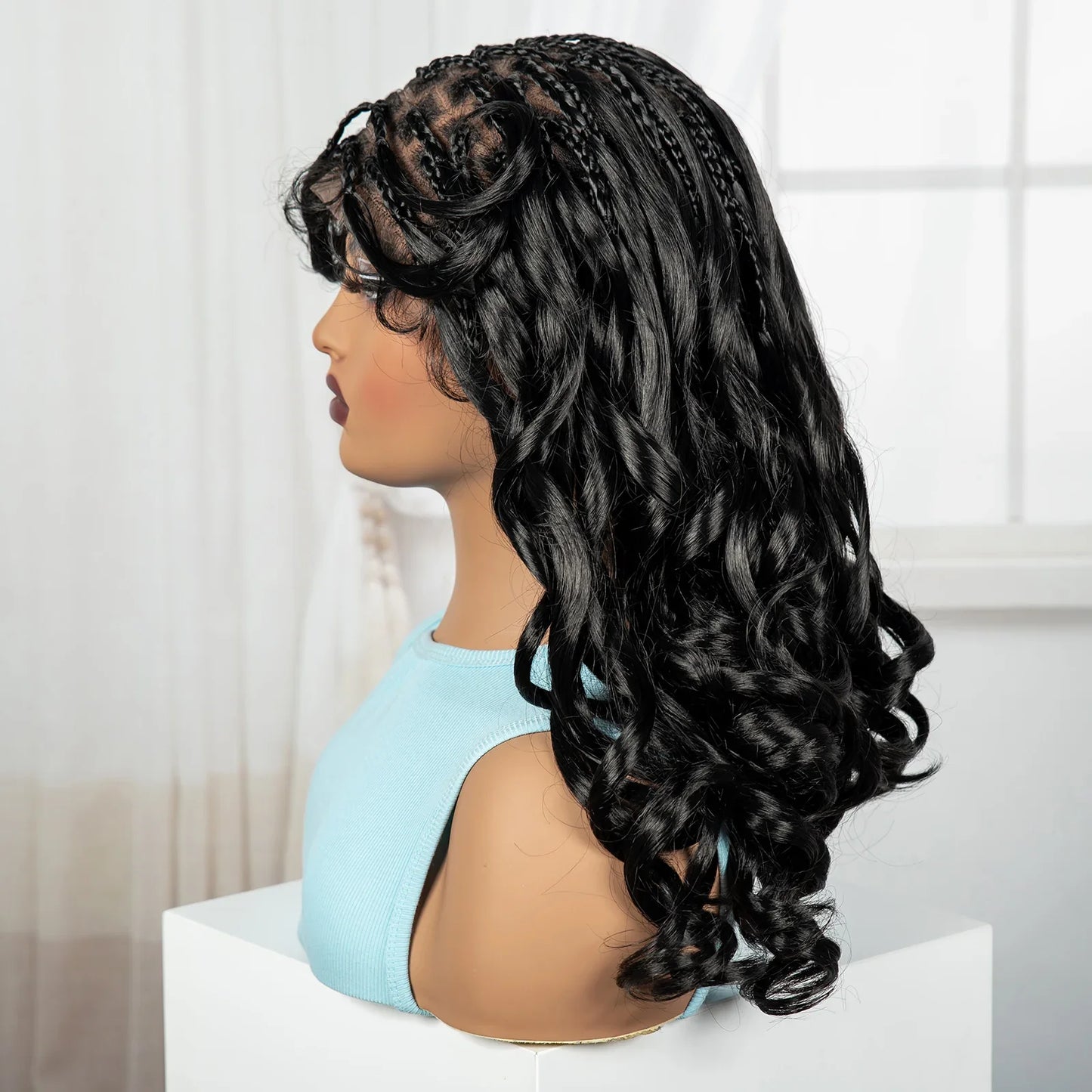 18" Bouncy Wavy Knotless Braids Wig | Full Lace | Bangs | Baby Hair
