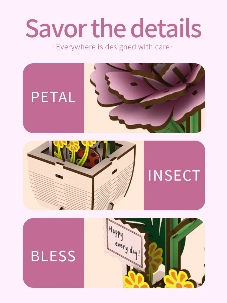 1pc Wooden Peony Flower,Assembled Wooden Flower Pot Plant,Suitable for Home Decoration Arrangement,Holiday New Year  Gift