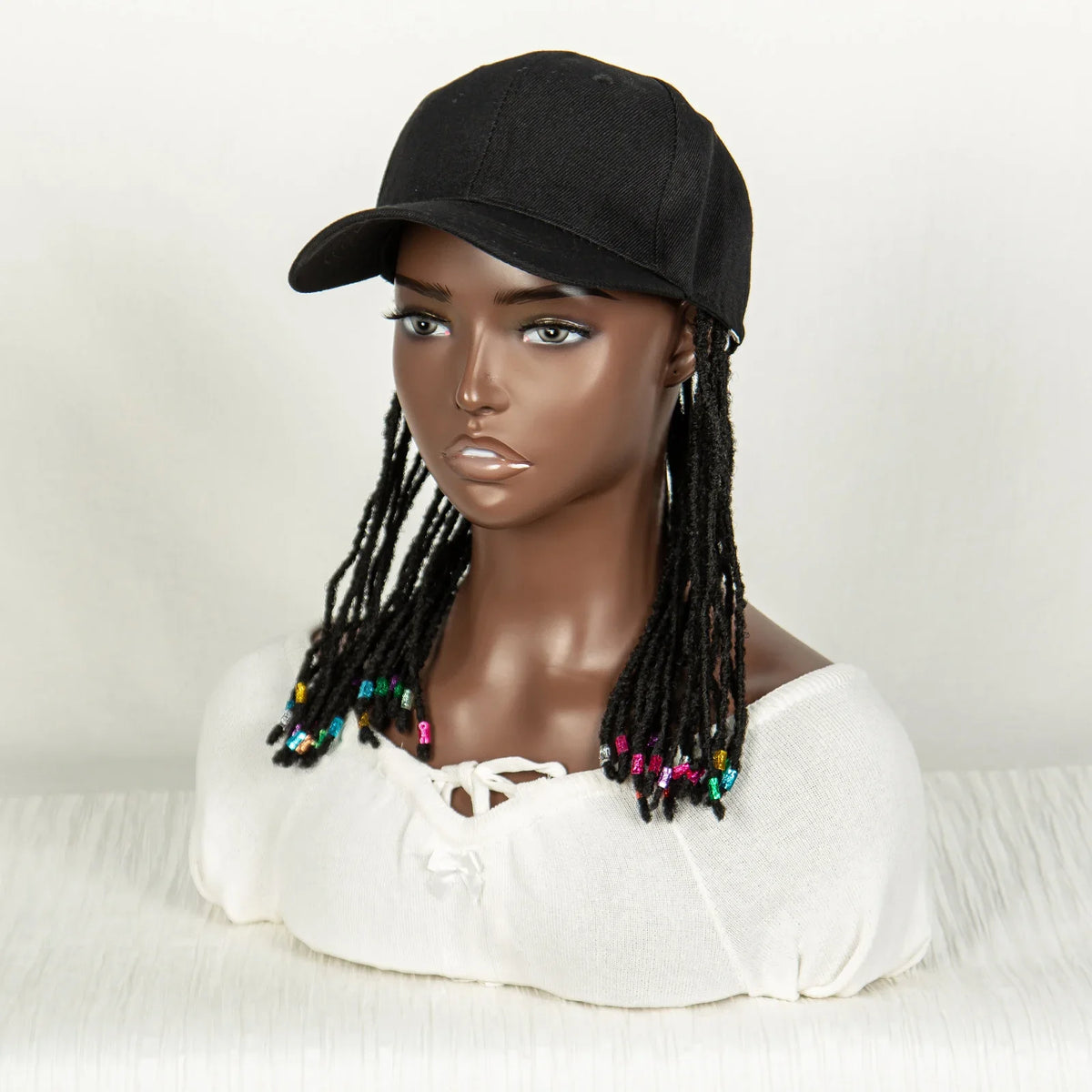 Short Knotless Box Braids Hat Wig with Colored Beads | Adjustable Cap