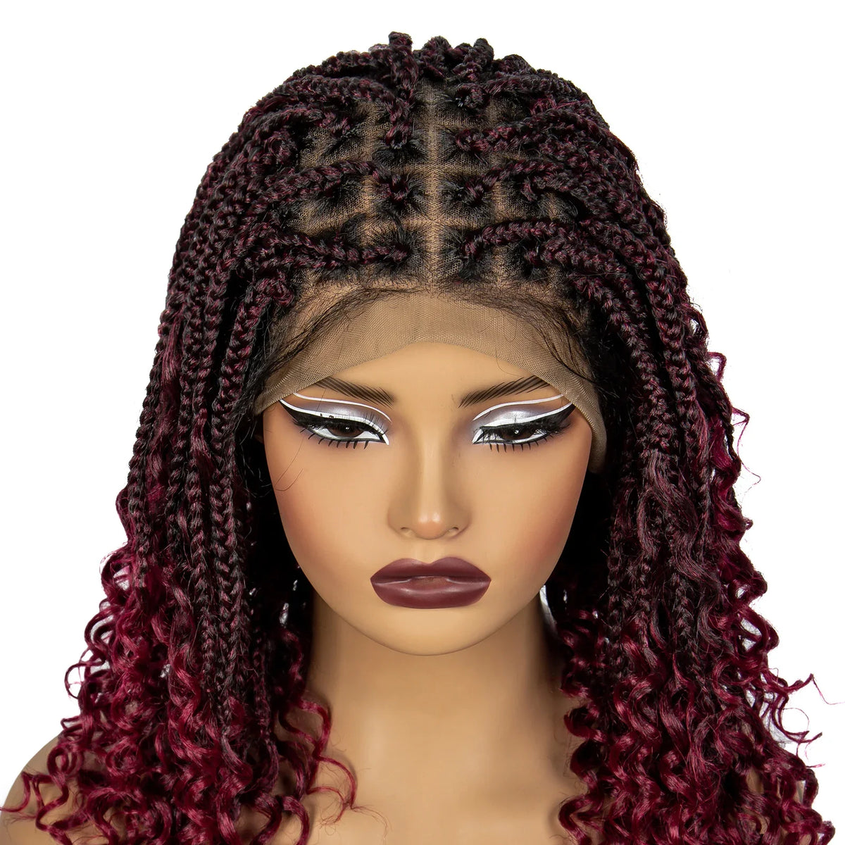 Burgundy Curly Ends Knotless Braids Bob Wig | 99J | Full Lace | Boho Style