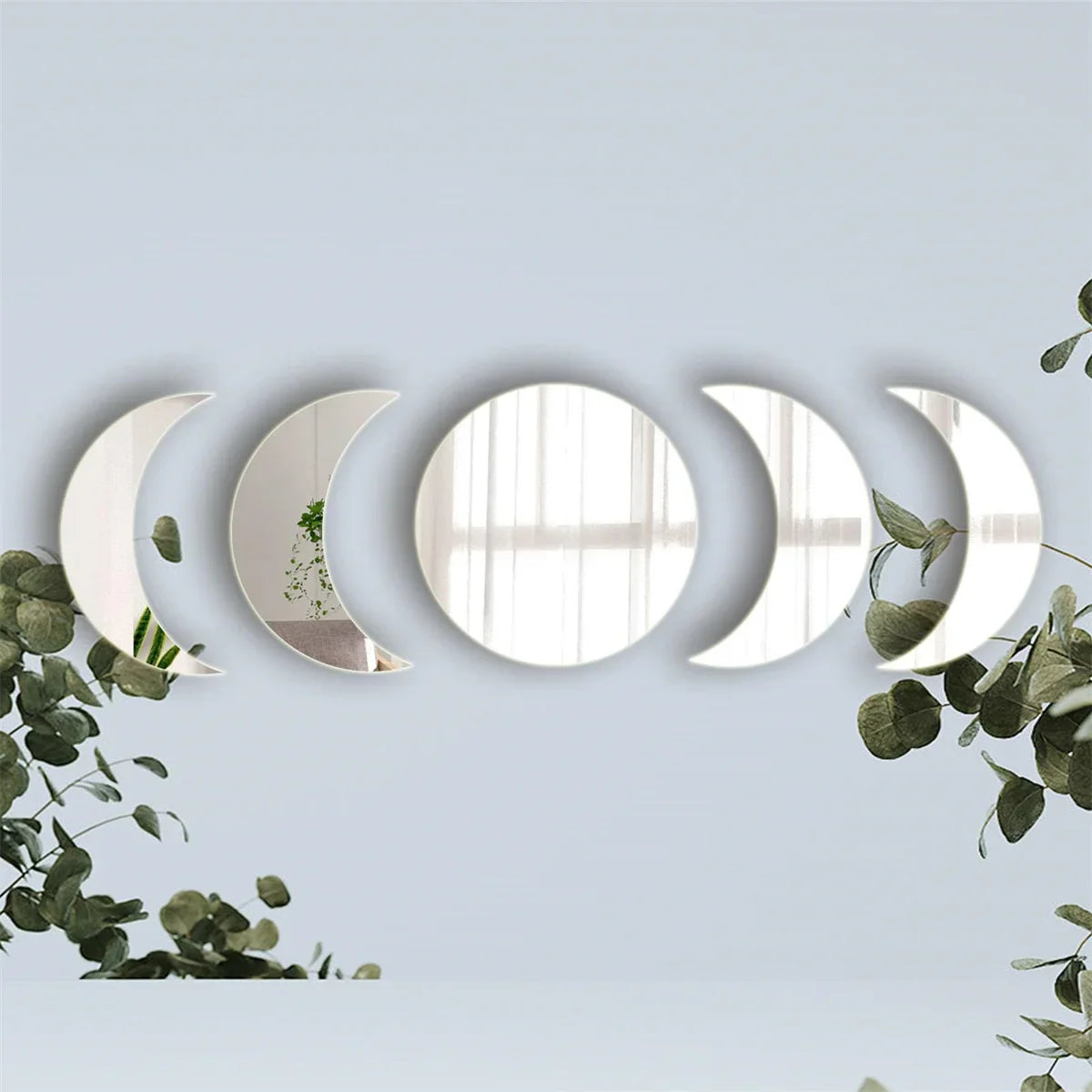 5PCS Moon Phase Design Acrylic Mirror Wall Sticker Self Adhesive Mirror Wall Decal Wall Decor for Home Living Room Bedroom Or