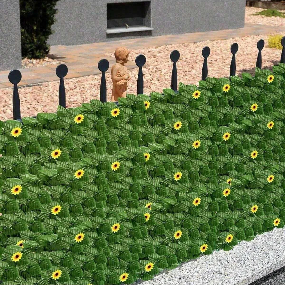 Green Artificial Ivy Privacy Fence Screen Outdoor With Sunflowers Artificial Grass Privacy Fence Screen Fake Ivy Wall Panel