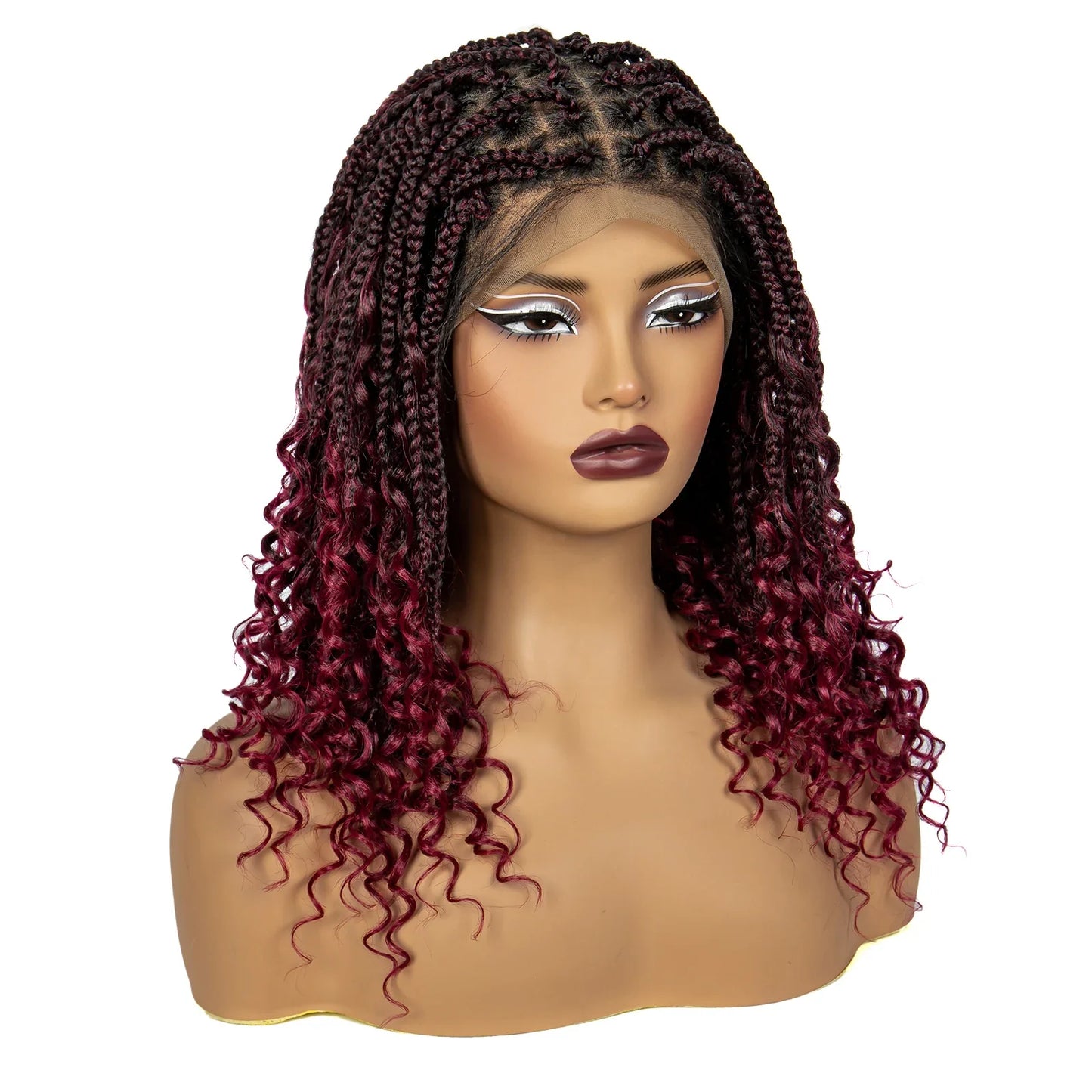 Burgundy Curly Ends Knotless Braids Bob Wig | 99J | Full Lace | Boho Style