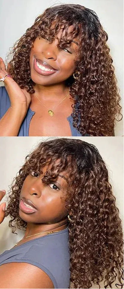 Brazilian Jerry Curly Human Hair Bob Wig with Bangs | Natural Highlight Honey Water Wave Kinky Curly Wigs for Women