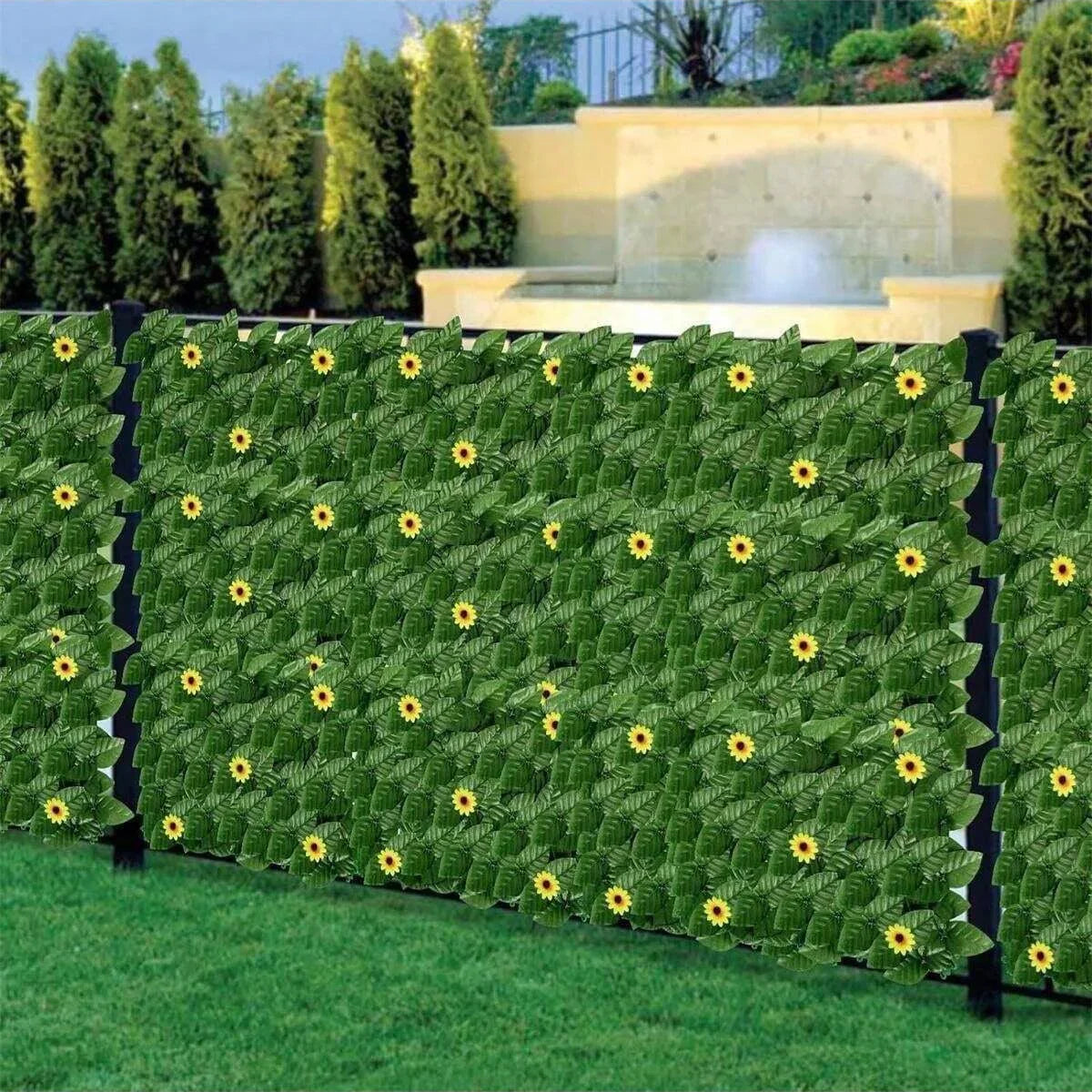 Green Artificial Ivy Privacy Fence Screen Outdoor With Sunflowers Artificial Grass Privacy Fence Screen Fake Ivy Wall Panel