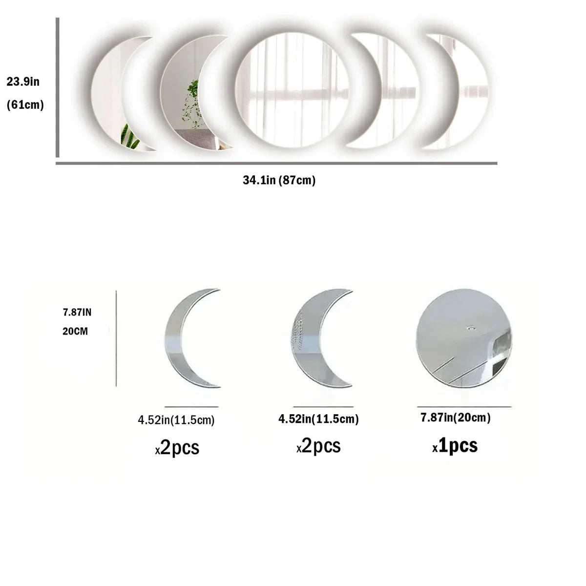 5PCS Moon Phase Design Acrylic Mirror Wall Sticker Self Adhesive Mirror Wall Decal Wall Decor for Home Living Room Bedroom Or