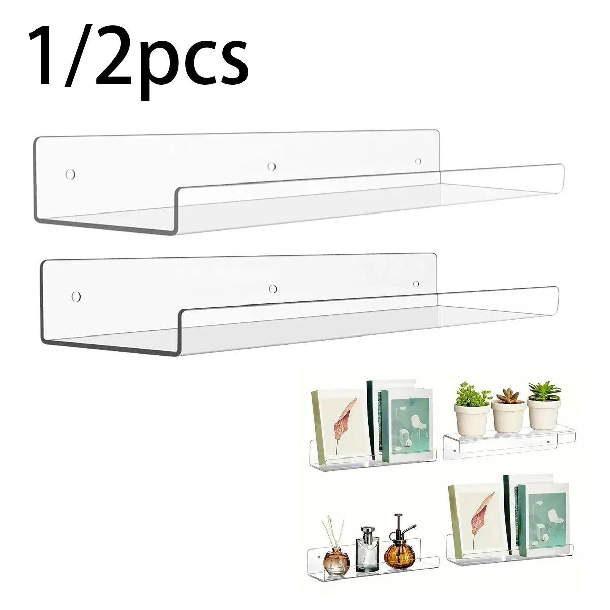 1/2pcs 11.8inch Clear Acrylic Shelves, Wall Mounted Storage for Kitchen, Bathroom, Office - Home Organization and Decor