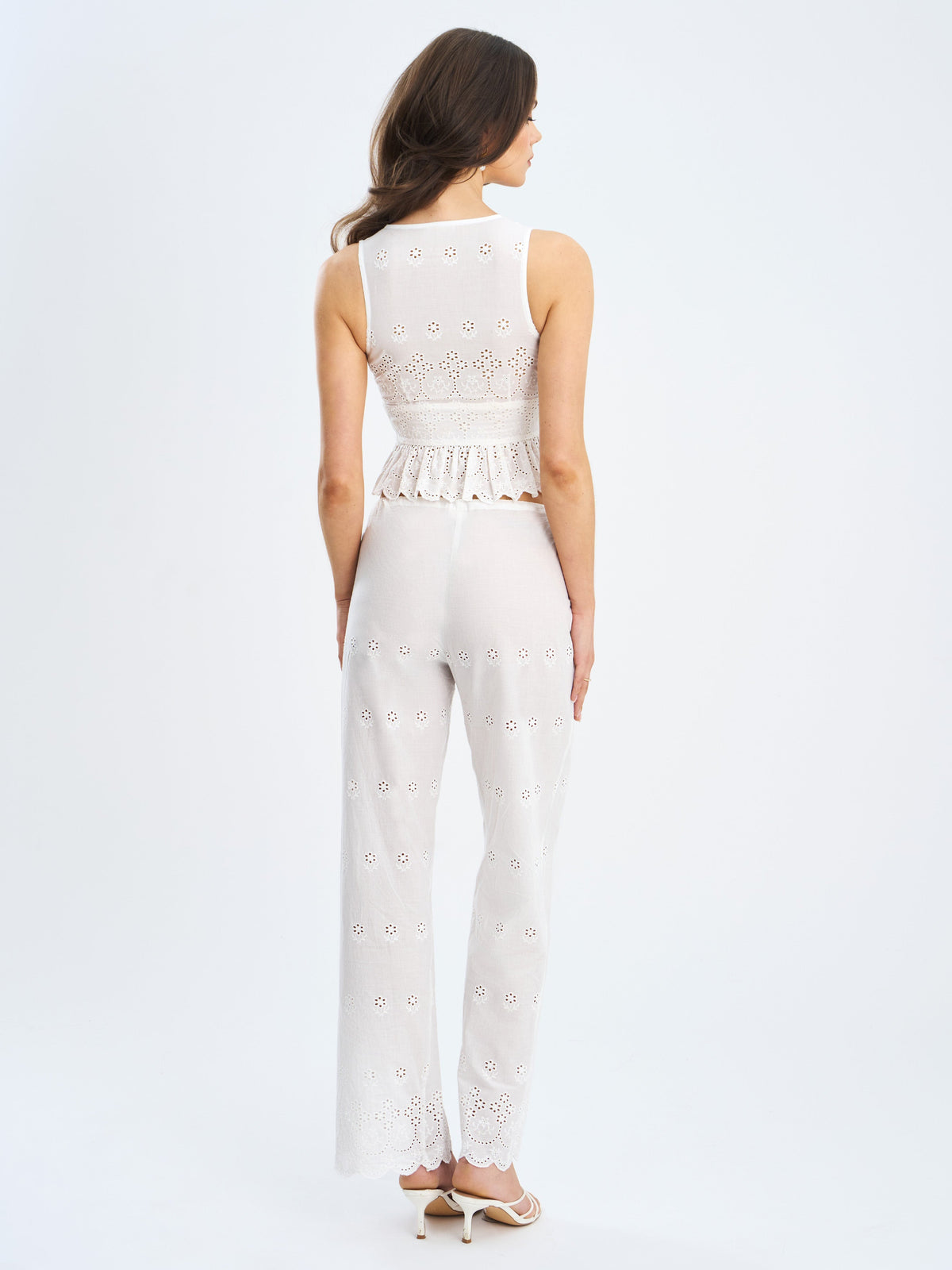 Raina White Cotton Eyelet Straight Pants