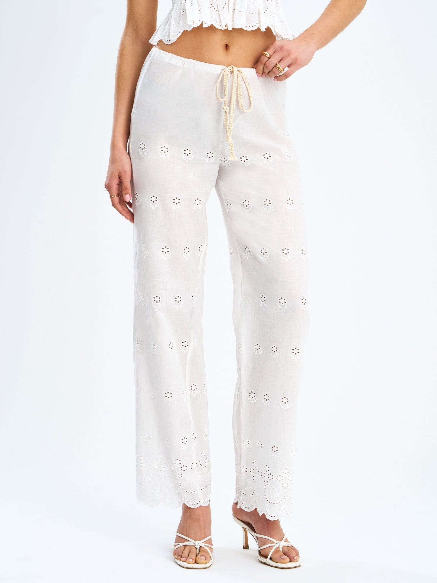 Raina White Cotton Eyelet Straight Pants