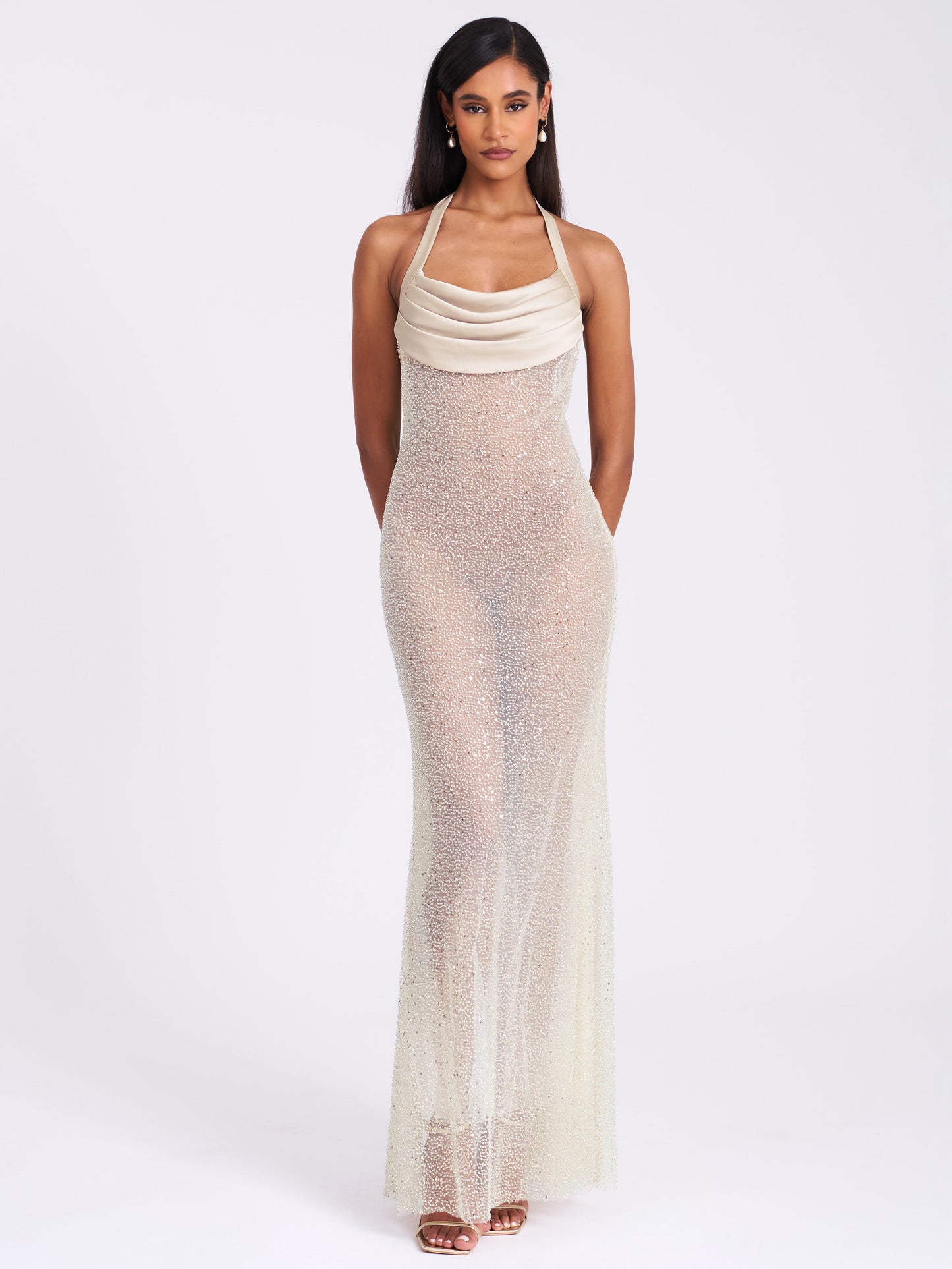 Zahya Lime Halter Backless Beaded Mesh Gown