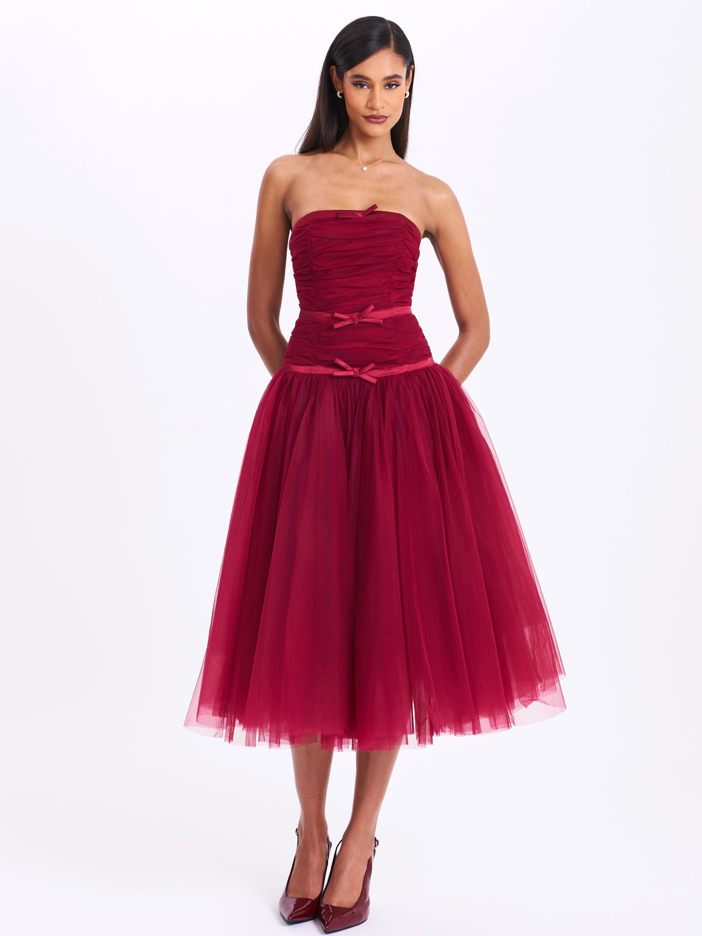 Mabel Burgundy Drop Waist Layered Mesh Midi Puffy Dress with Bow