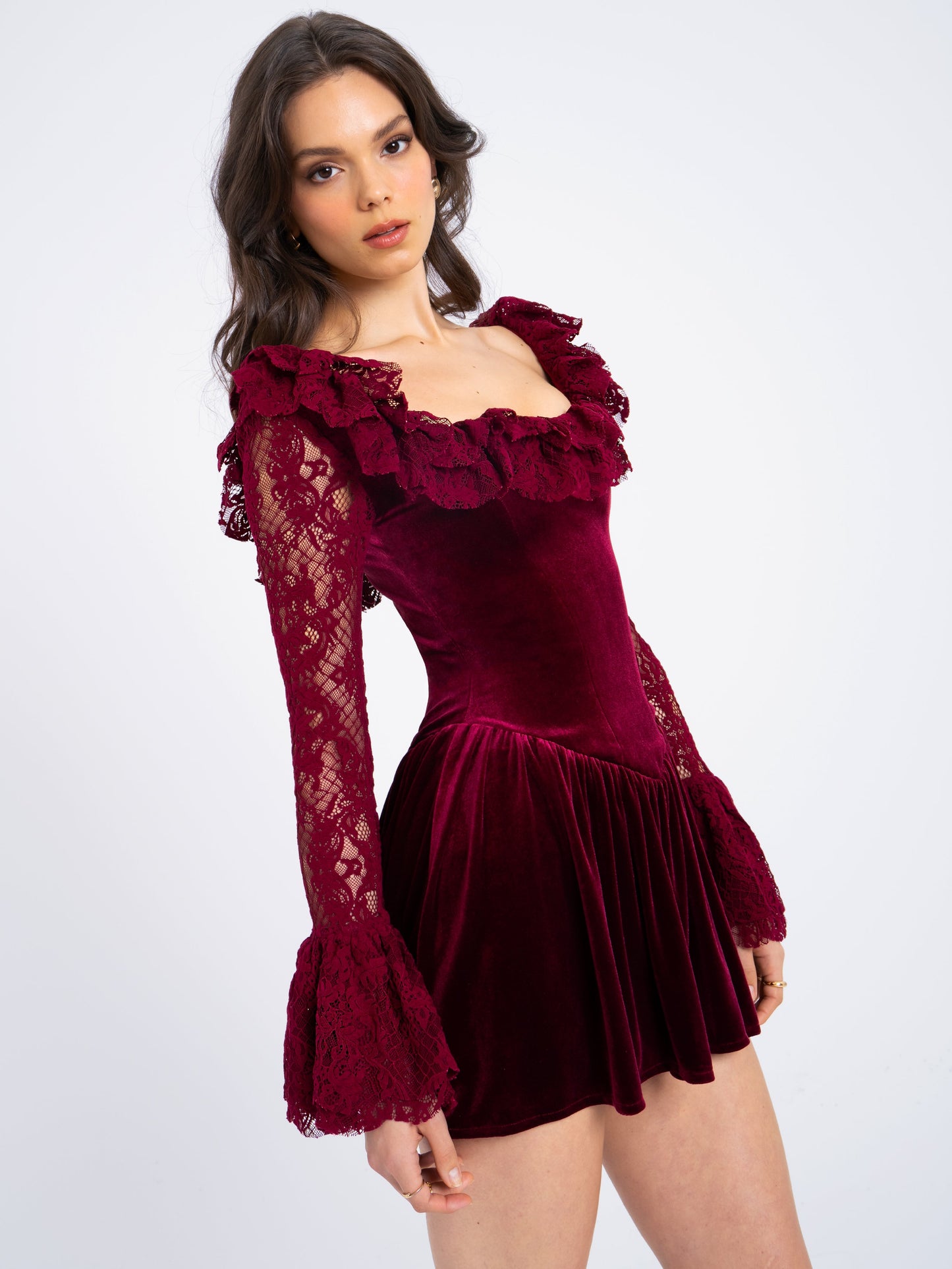 Yachira Burgundy Velvet Lace Flare Sleeve Mini Dress