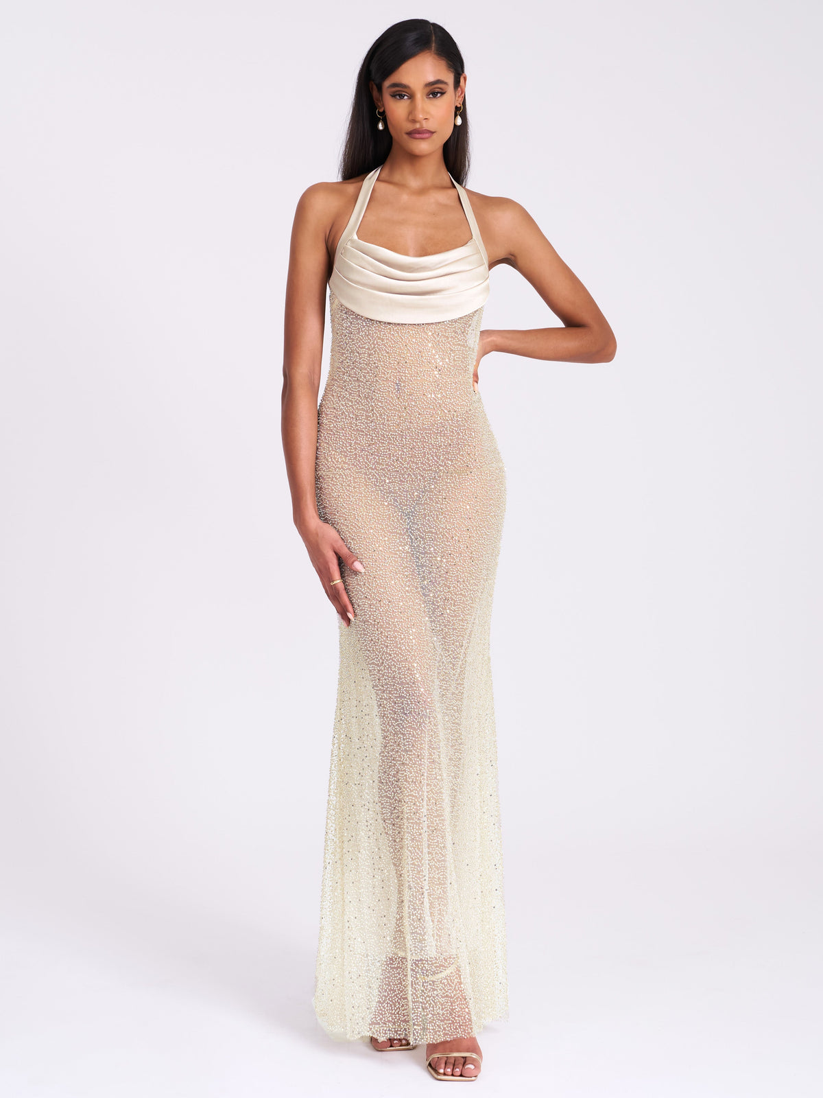 Zahya Lime Halter Backless Beaded Mesh Gown