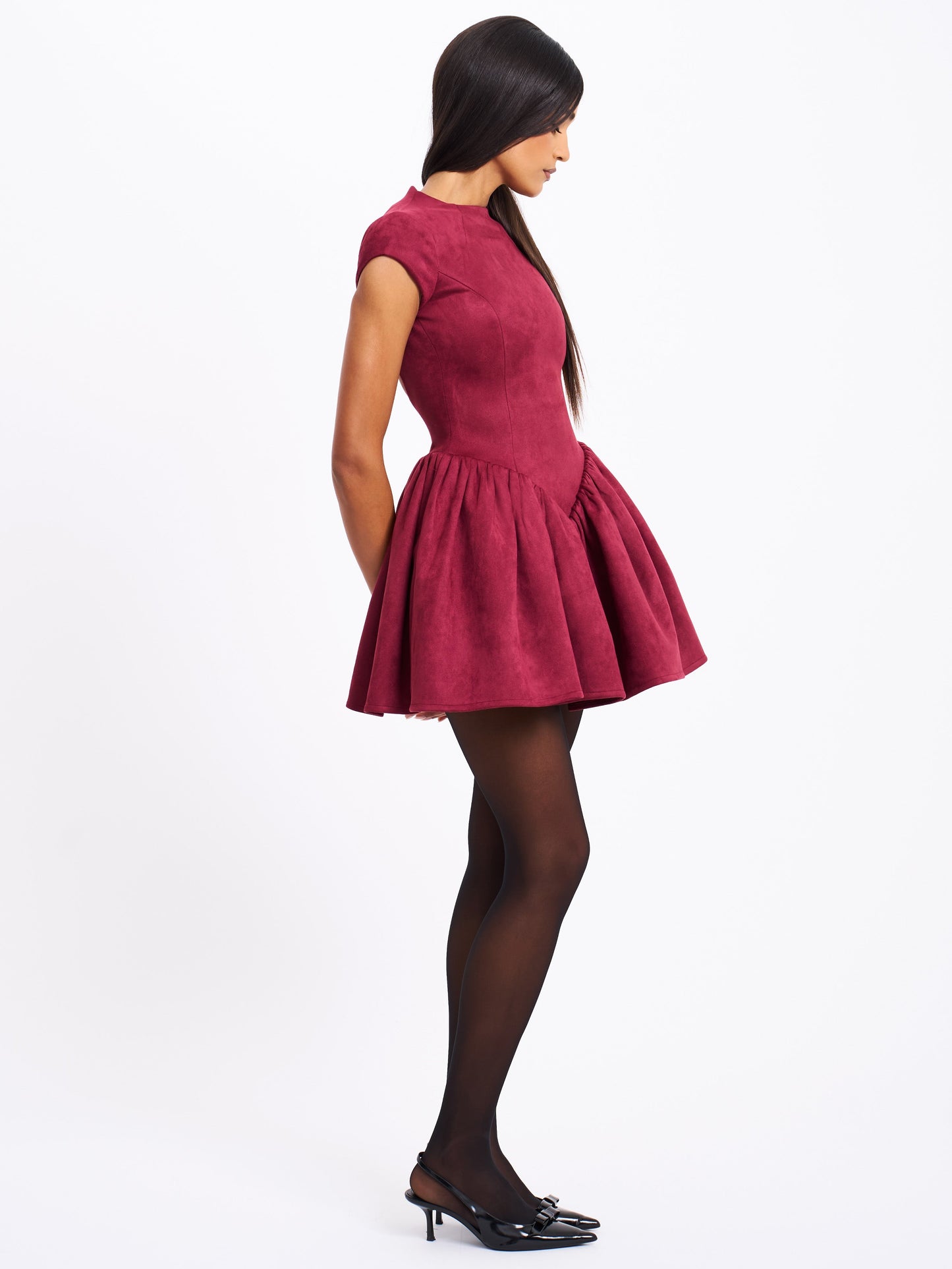 BBC Jacqueline Backless Burgundy Mini Puffy Suede Dress