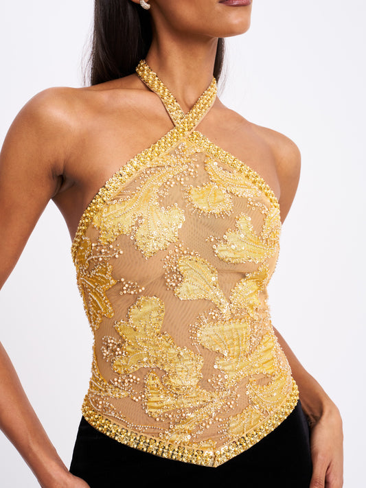 Gazelle Gold Embroidered Vintage Style Maxi Dress