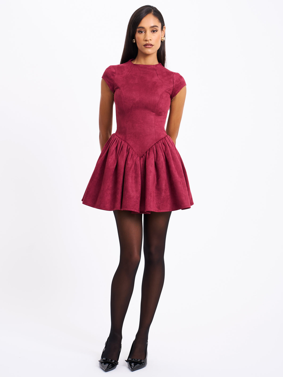 BBC Jacqueline Backless Burgundy Mini Puffy Suede Dress