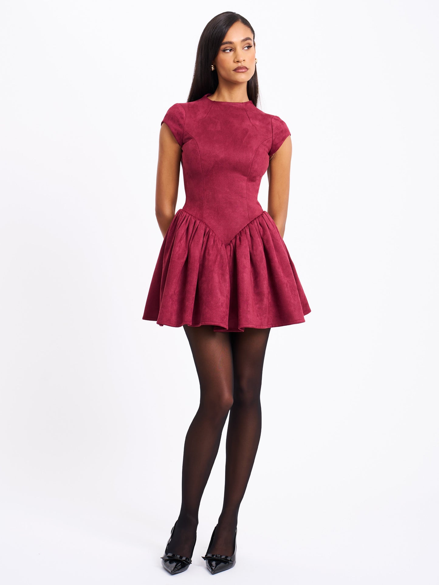 BBC Jacqueline Backless Burgundy Mini Puffy Suede Dress