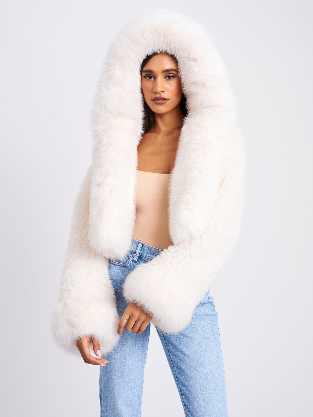 Kali White Cropped Vegan Shearling Fur Jacket