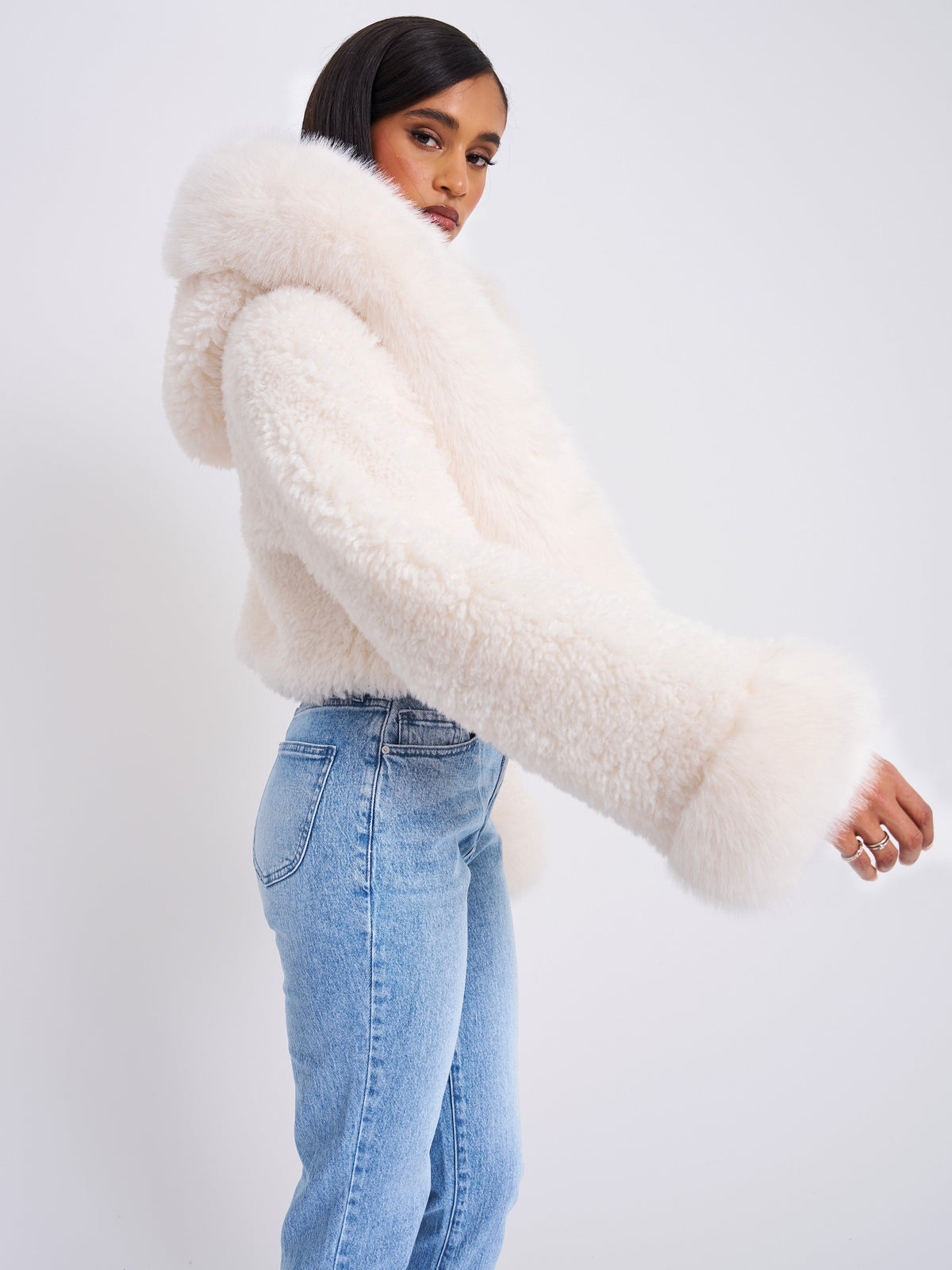 Kali White Cropped Vegan Shearling Fur Jacket