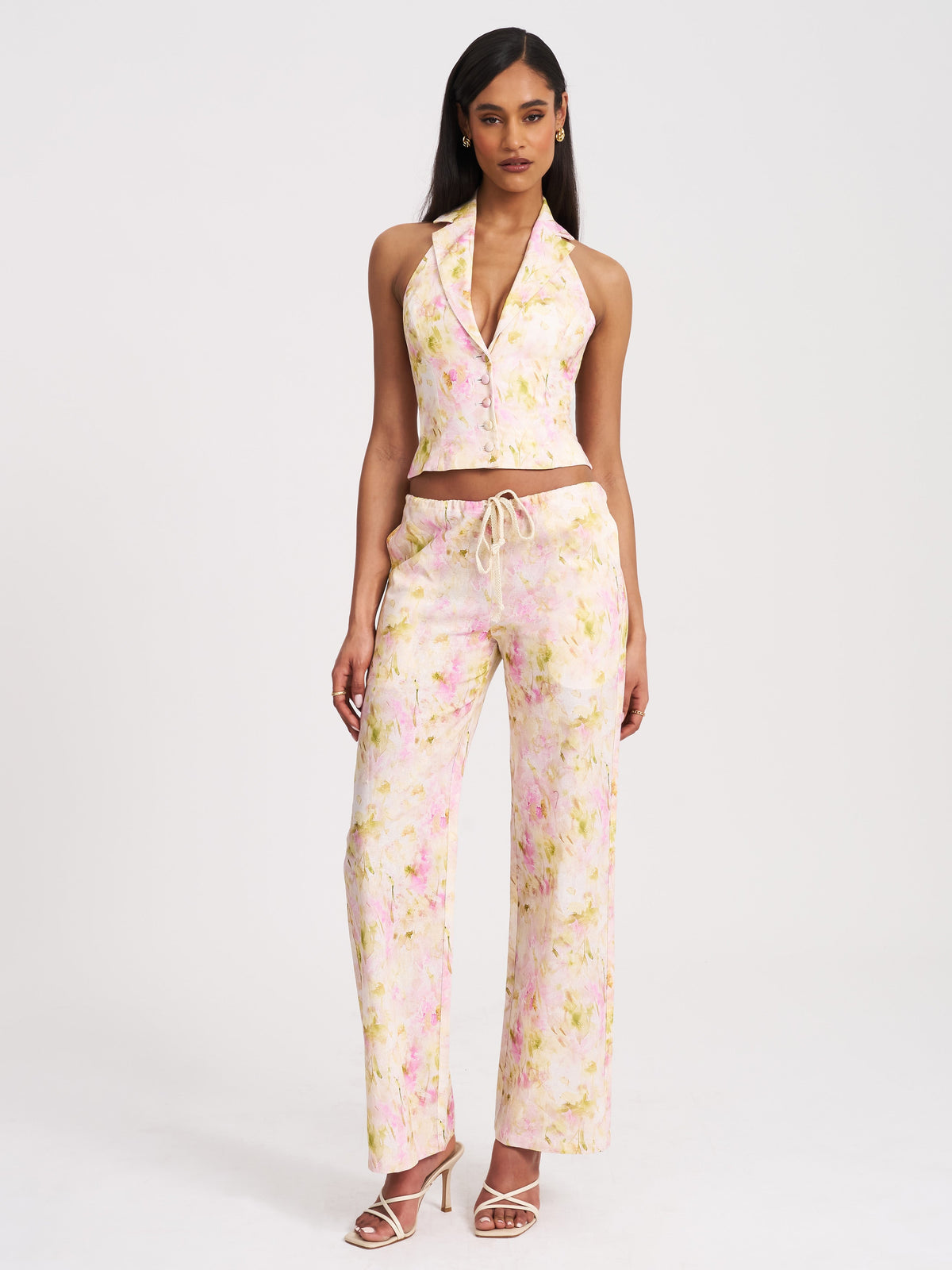 Lauren Pink Floral Print Ruched Back Linen Suit Vest