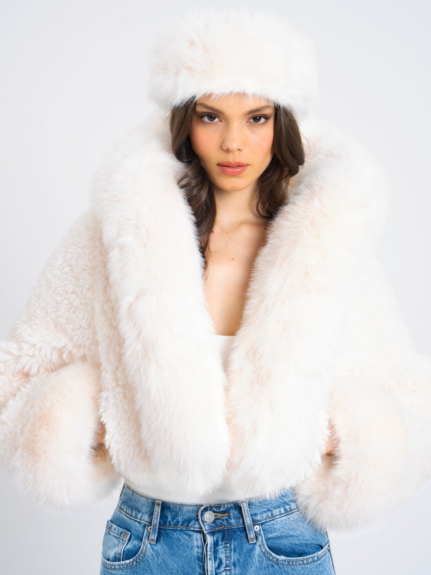 Kali White Cropped Vegan Shearling Fur Jacket