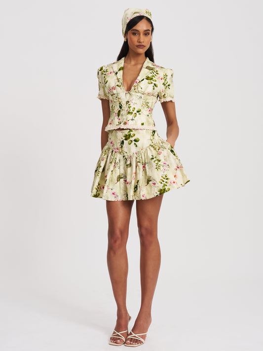 Zanelle Green Floral Print Drop Waist Linen Full Skirt