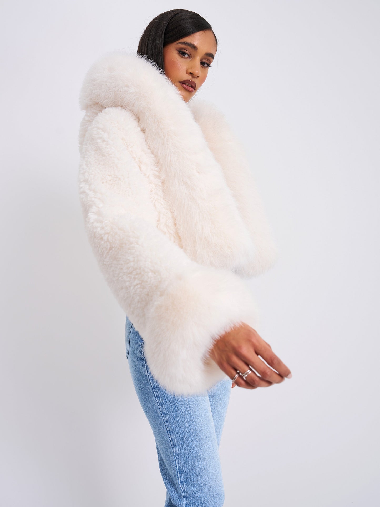 Kali White Cropped Vegan Shearling Fur Jacket