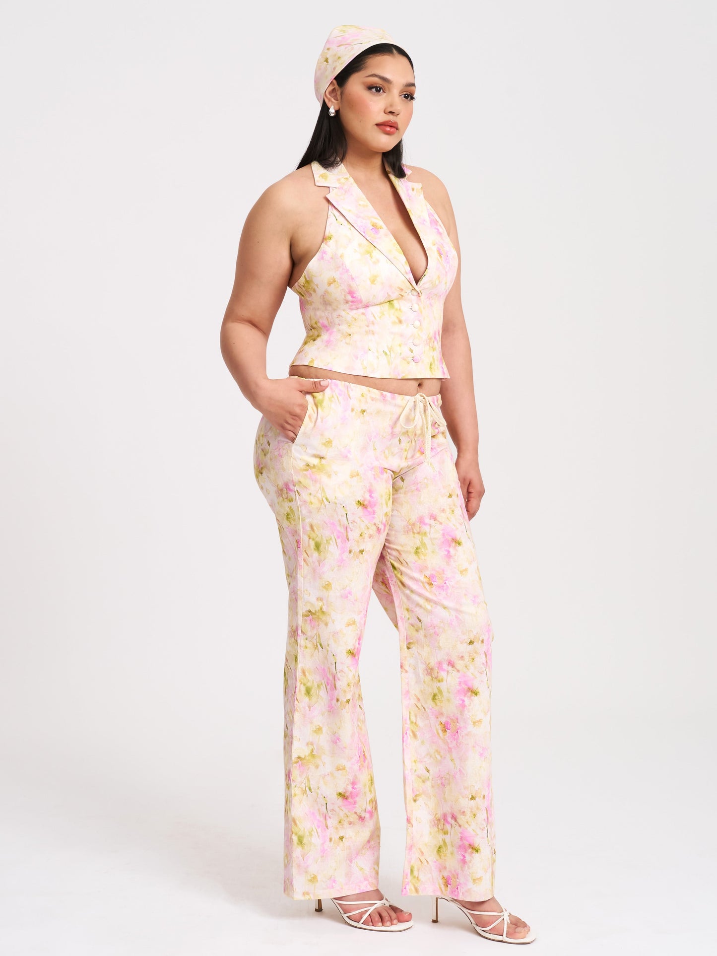 Spring Affair Pink Floral Print Linen Head Scarf