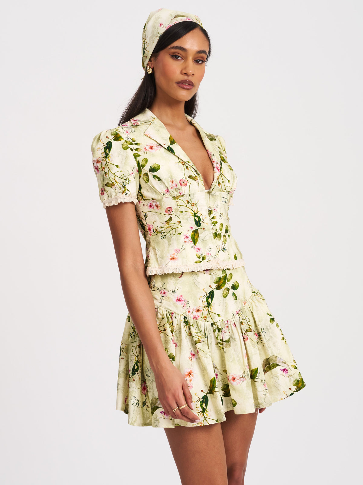 Zanella Green Floral Print Lace Trim Linen Top