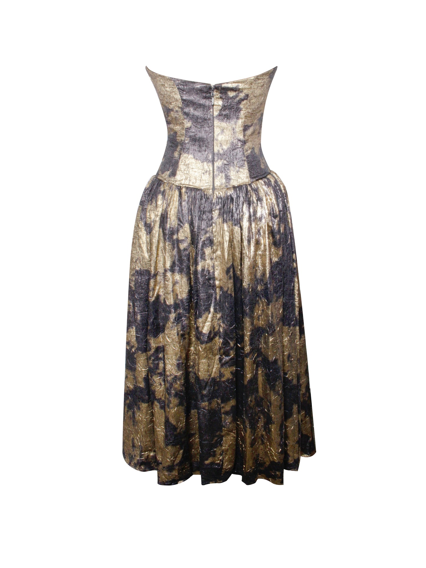 Saanvi Gold Tie Dye Bronzing Strapless Drop Waist Midi Dress