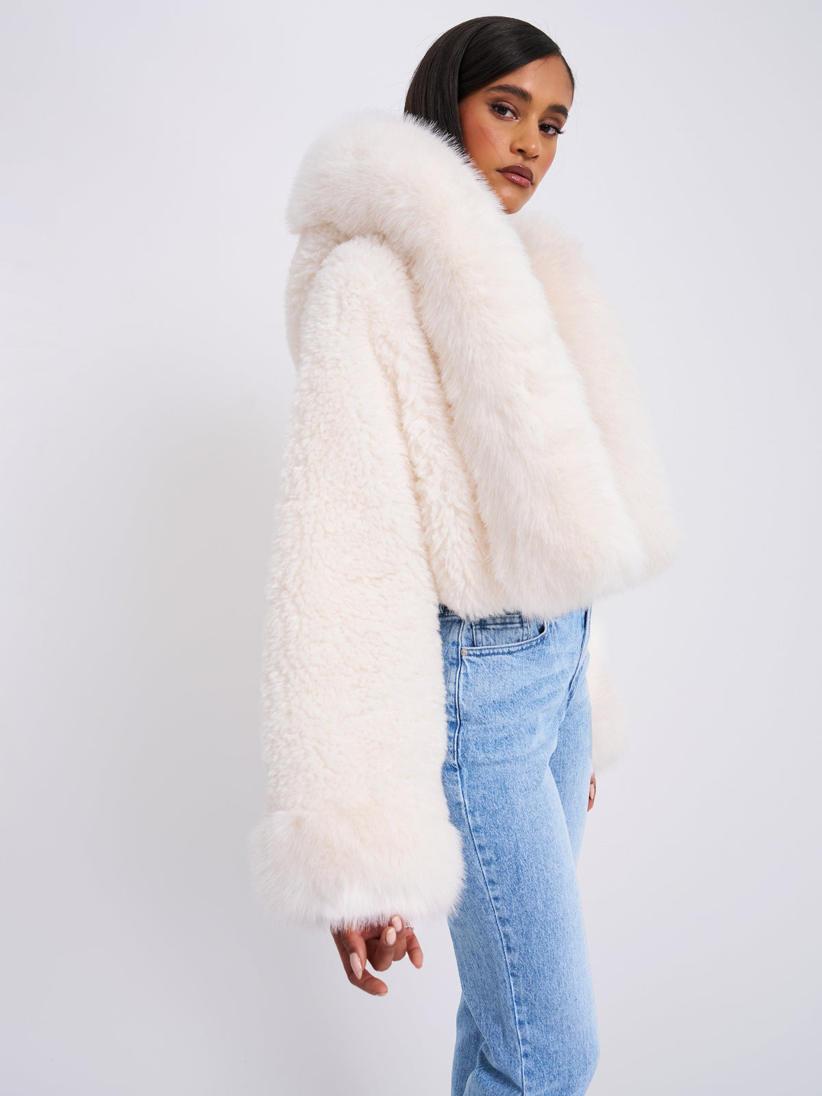 Kali White Cropped Vegan Shearling Fur Jacket