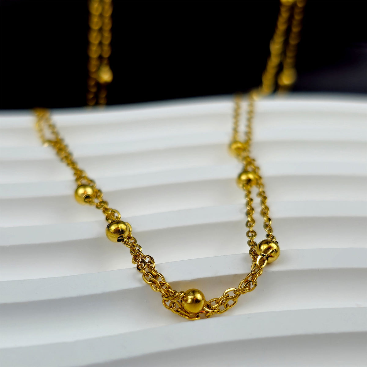 Stainless Steel Gold Tone PVD Ball Station Necklace Satellite Chain Double Necklace