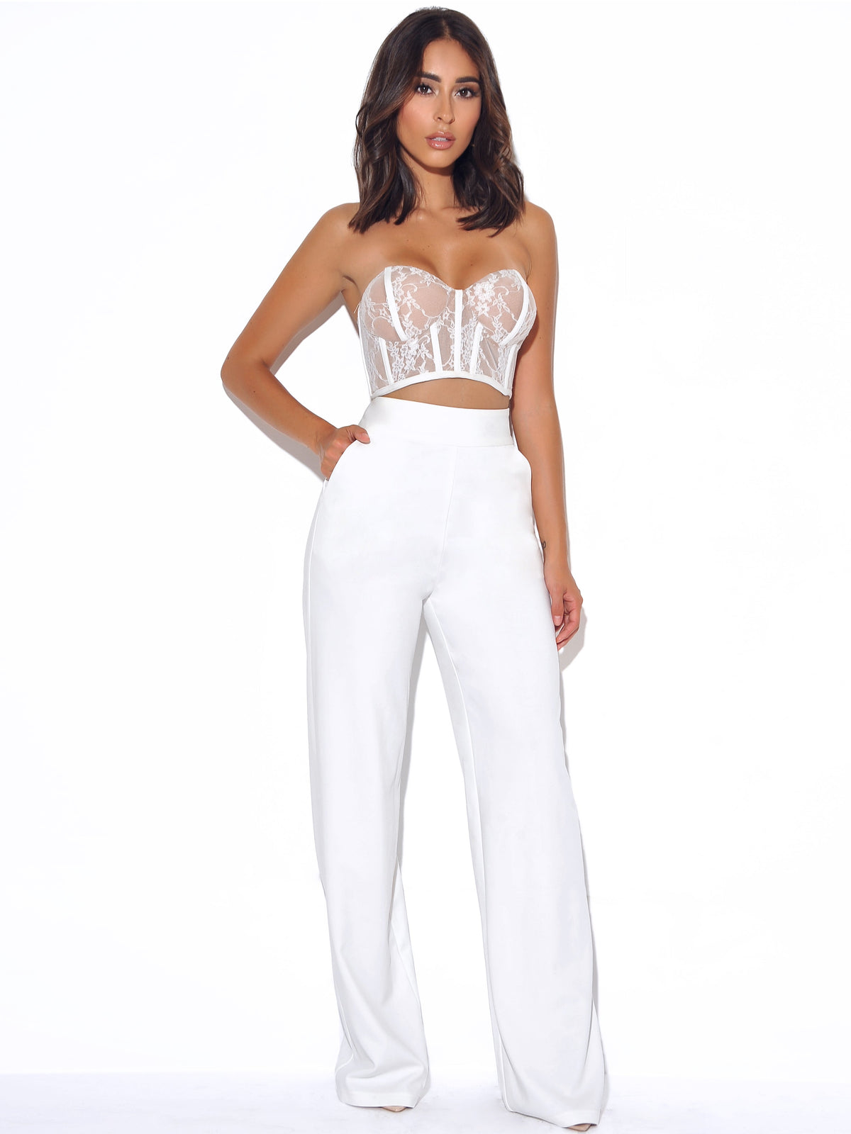 Never Enough White Stretch Crepe Wide Leg Trousers