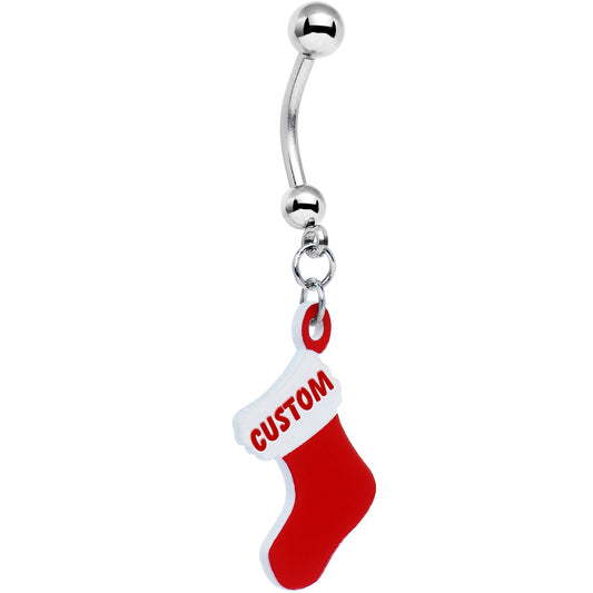 Custom Red White Christmas Stocking Personalized Dangle Belly Ring