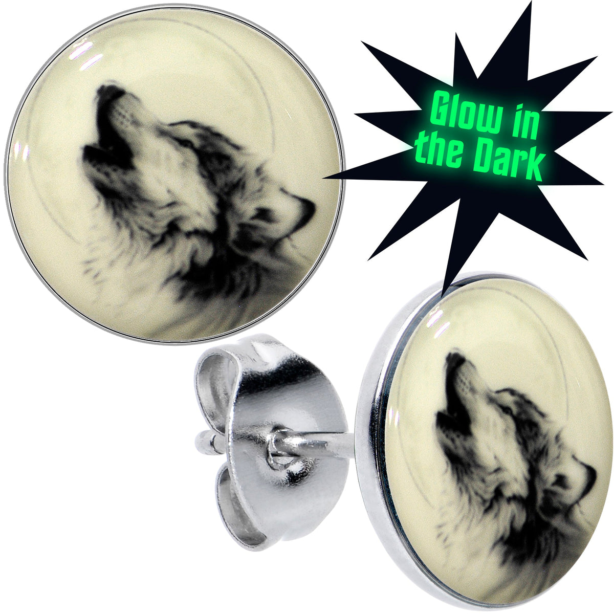 Glow in the Dark Howling Wolf Stud Earrings