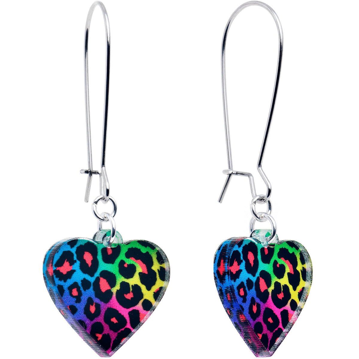 Acrylicious Rainbow Cheetah Print Heart Dangle Earrings by Onyx O