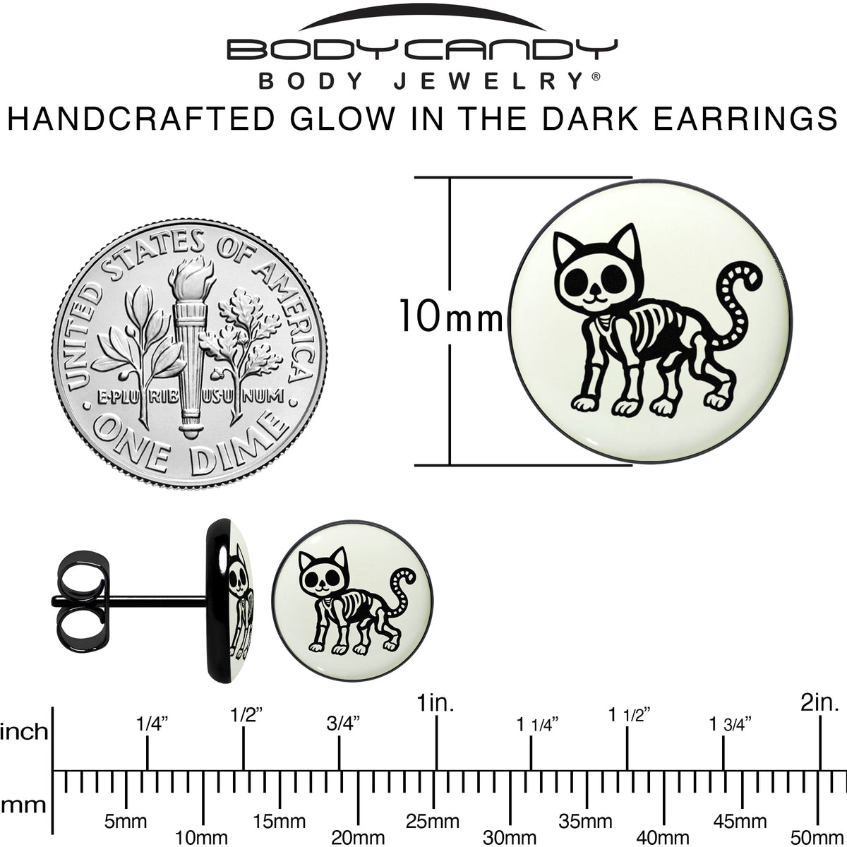 Black Anodized Skeleton Kitty Cat Glow in the Dark Stud Earrings by Onyx O